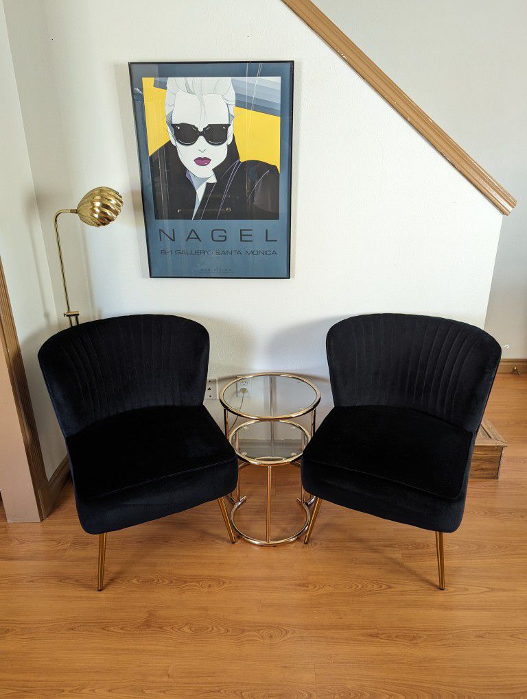 Brand New Pair of Black Velvet Shell Back & Brass Accent Chairs / Art Deco Lounge $100 Each!