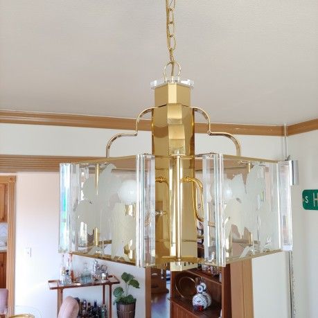 Postmodern Art Deco Fredrick Ramond Signed Glass & Brass Chandelier