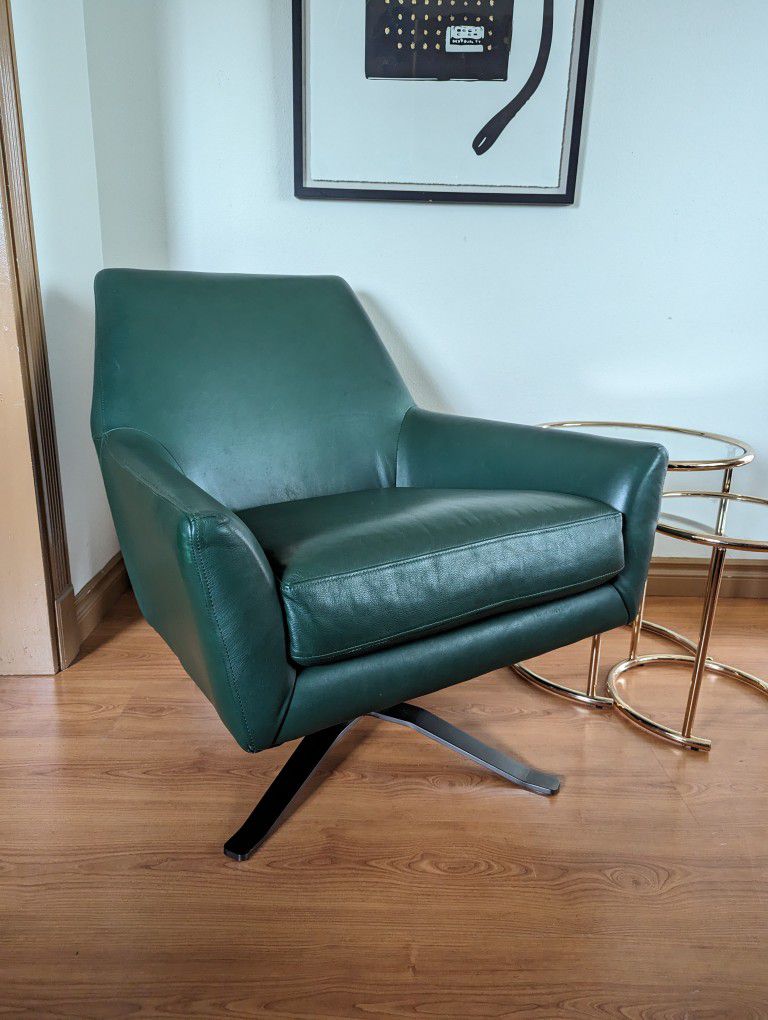 MCM Green Leather Lucas Model Swivel Lounge Chair by West Elm