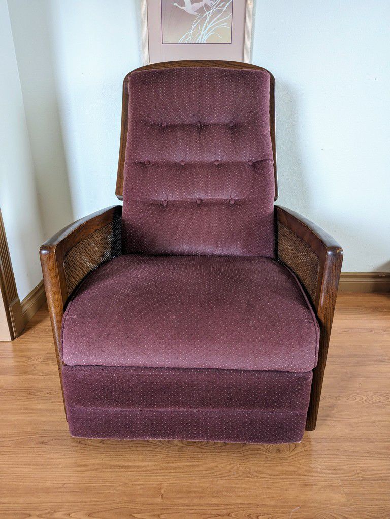 Vintage MCM Walnut & Caned Boho Recliner w/ Mauve Upholstery