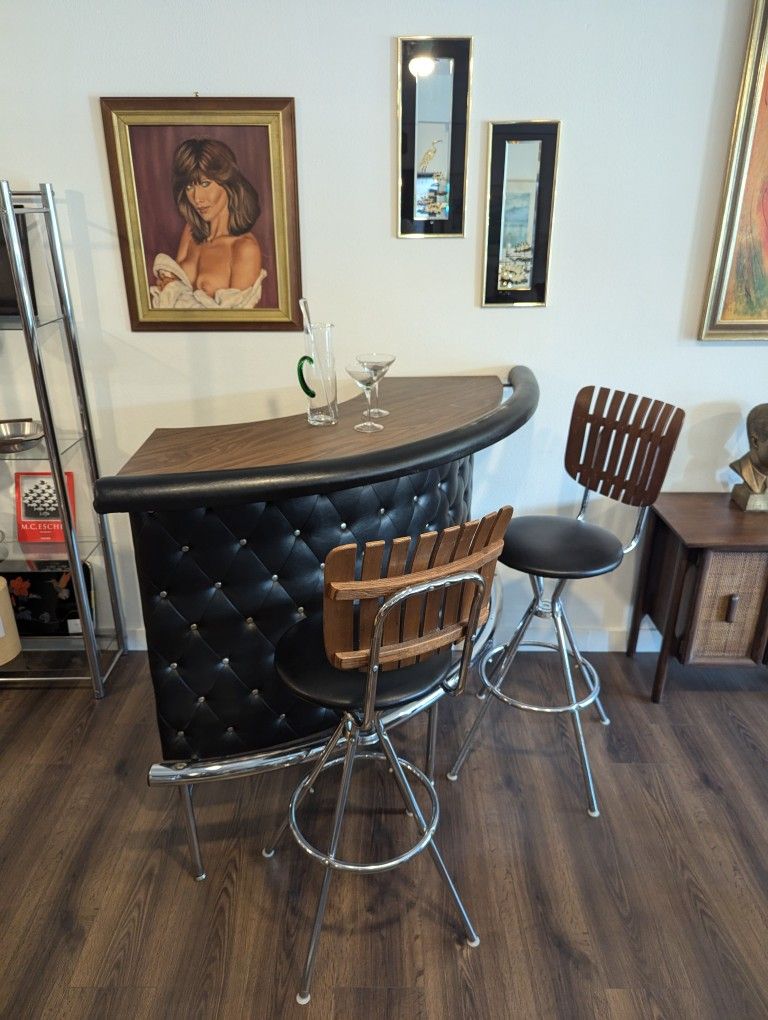 Mid Century Modern Tufted Bar Setup w/ 2 Barstools by Arthur Umanoff