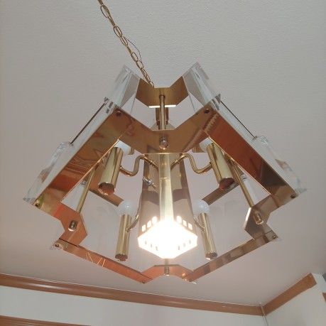 Postmodern Art Deco Fredrick Ramond Signed Glass & Brass Chandelier