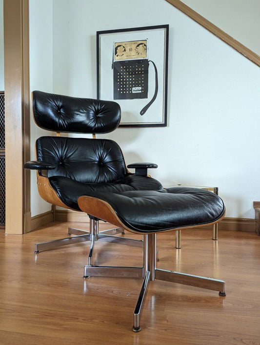 MCM Vintage Eames Black Leather Replica Lounge Chair & Ottoman