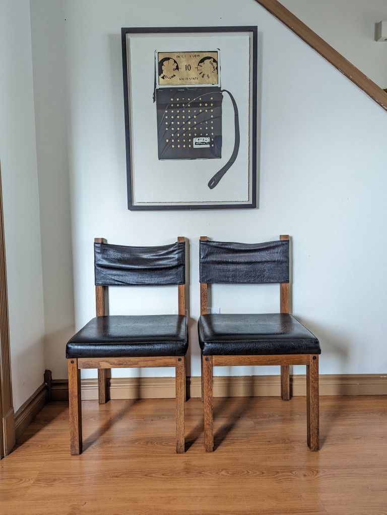 Vintage MCM Pair of Solid Oak & Black Faux Leather Sling Back Chairs $165 Each