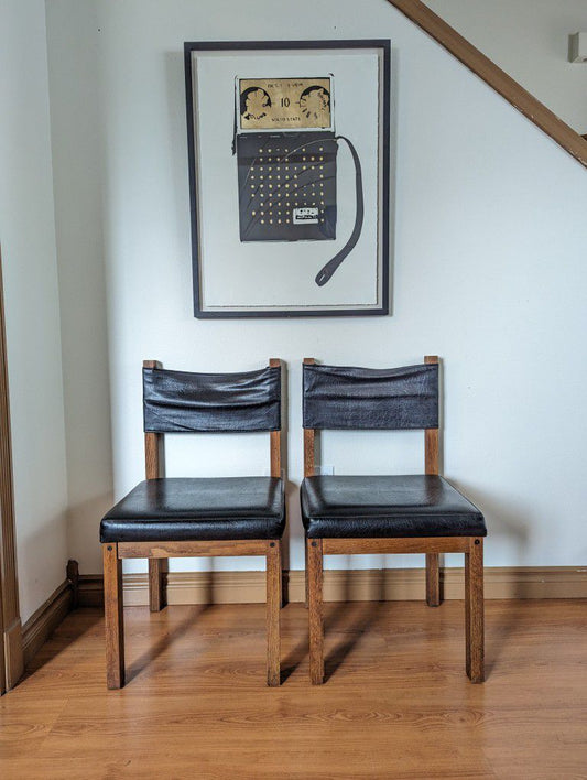 Vintage MCM Pair of Solid Oak & Black Faux Leather Sling Back Chairs $165 Each