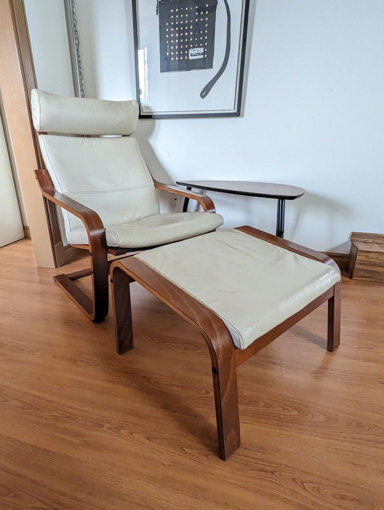 IKEA Poang Teak & Ivory Leather Lounge Chair & Ottoman