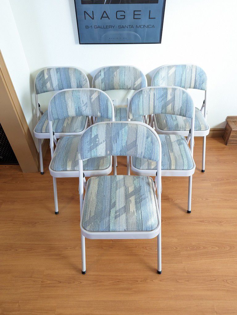 Postmodern Pastels Upholstered Folding Chairs w/ Lavender Metal Frames