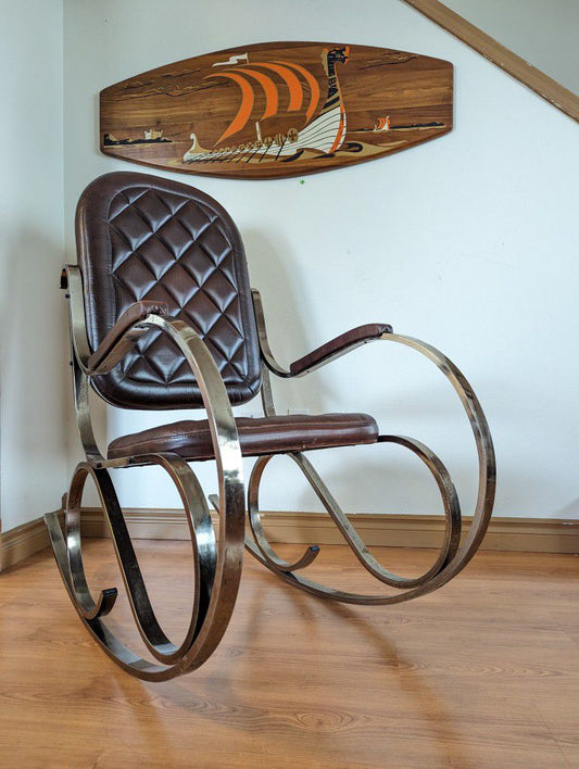 1970's French Chrome & Brown Leather Rocker by Maison Jansen