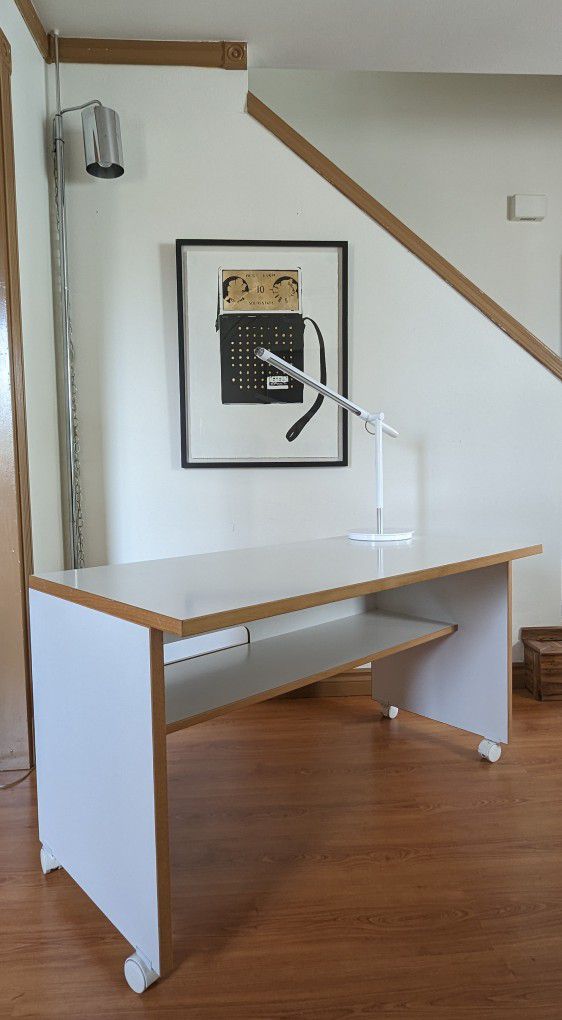 Vintage White Laminate Scandinavian Computer Desk w Wood Trim Casters