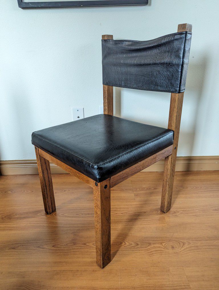 Vintage MCM Pair of Solid Oak & Black Faux Leather Sling Back Chairs $165 Each