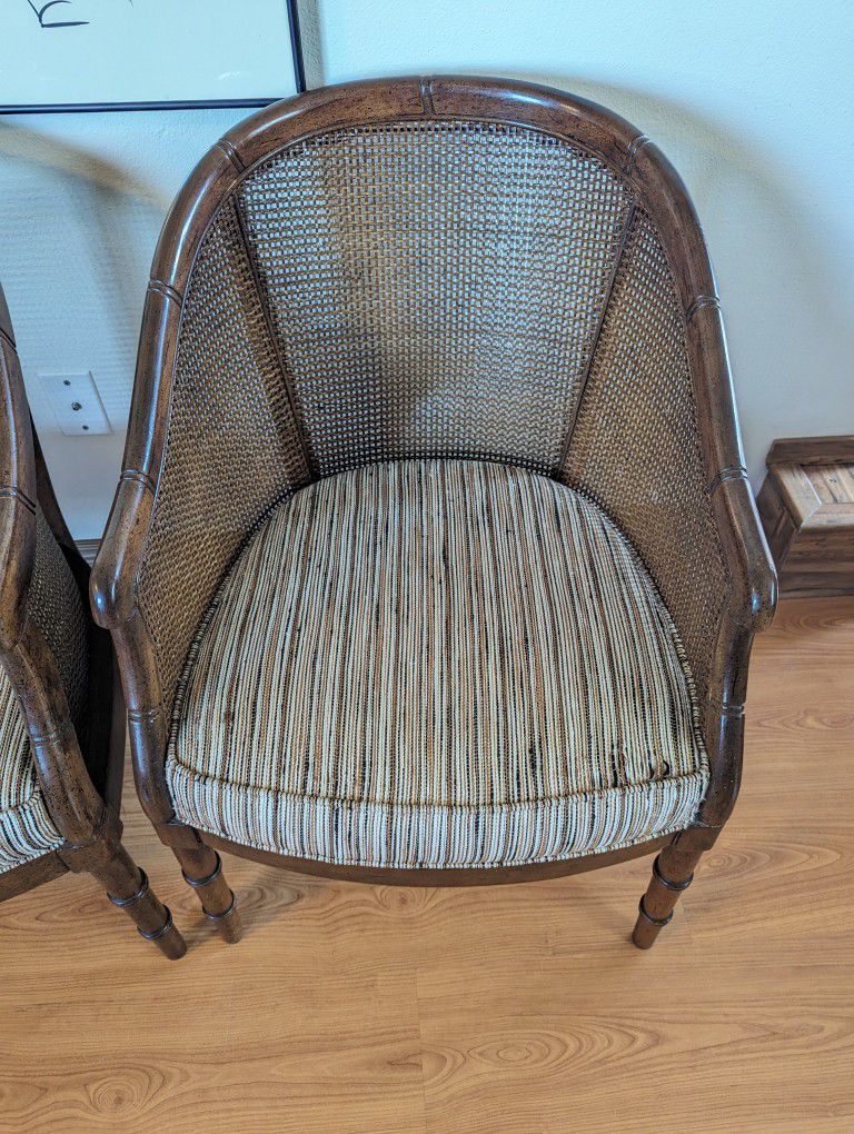 Vintage Pair of Mid Century Faux Bamboo Caned Back Hollywood Regency Chairs