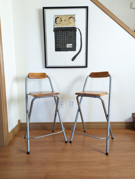 Vintage Pair of IKEA Dennis Folding Metal & Wood Bar Stools