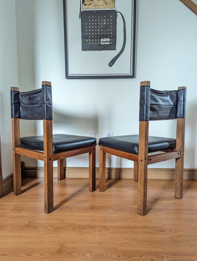 Vintage MCM Pair of Solid Oak & Black Faux Leather Sling Back Chairs $165 Each