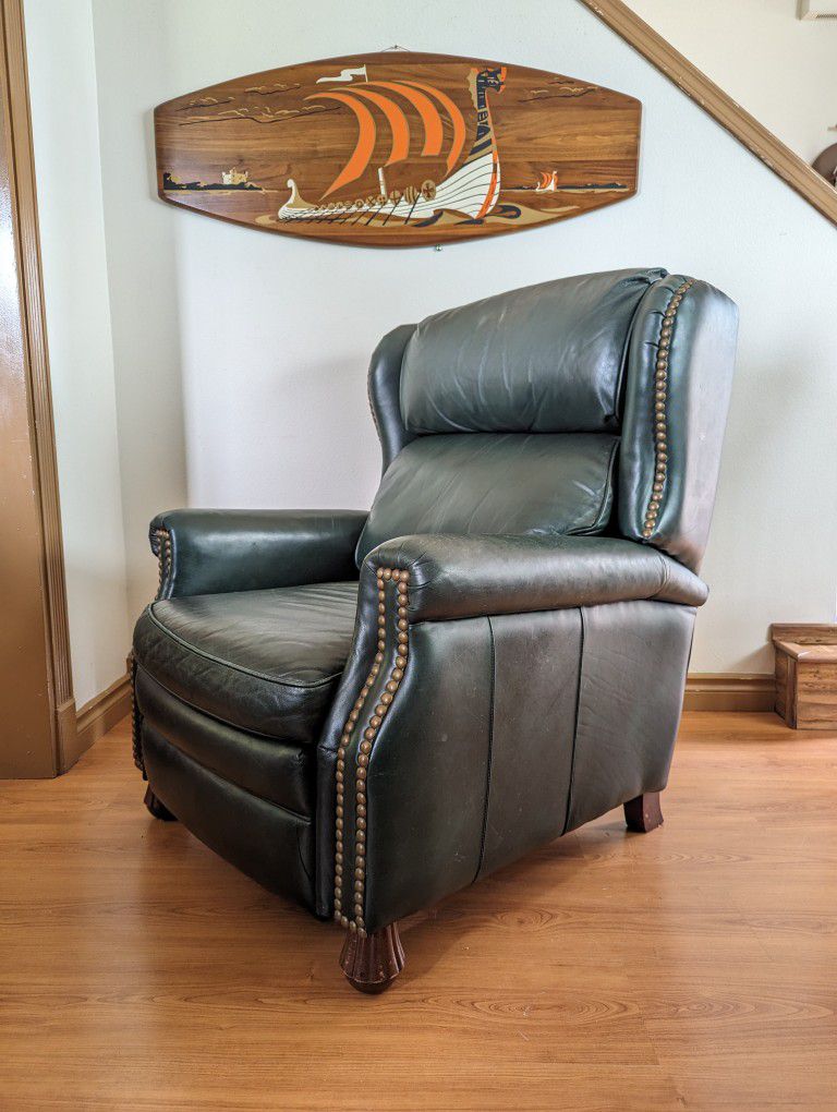 Beautiful Green Leather Presidential Wingback Recliner by Bradington Young