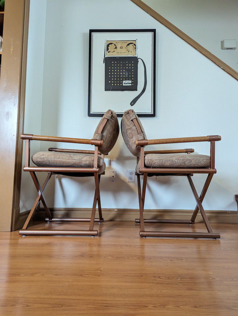 Postmodern Pair of Paisley, Copper & Oak X Framed Directors Chairs