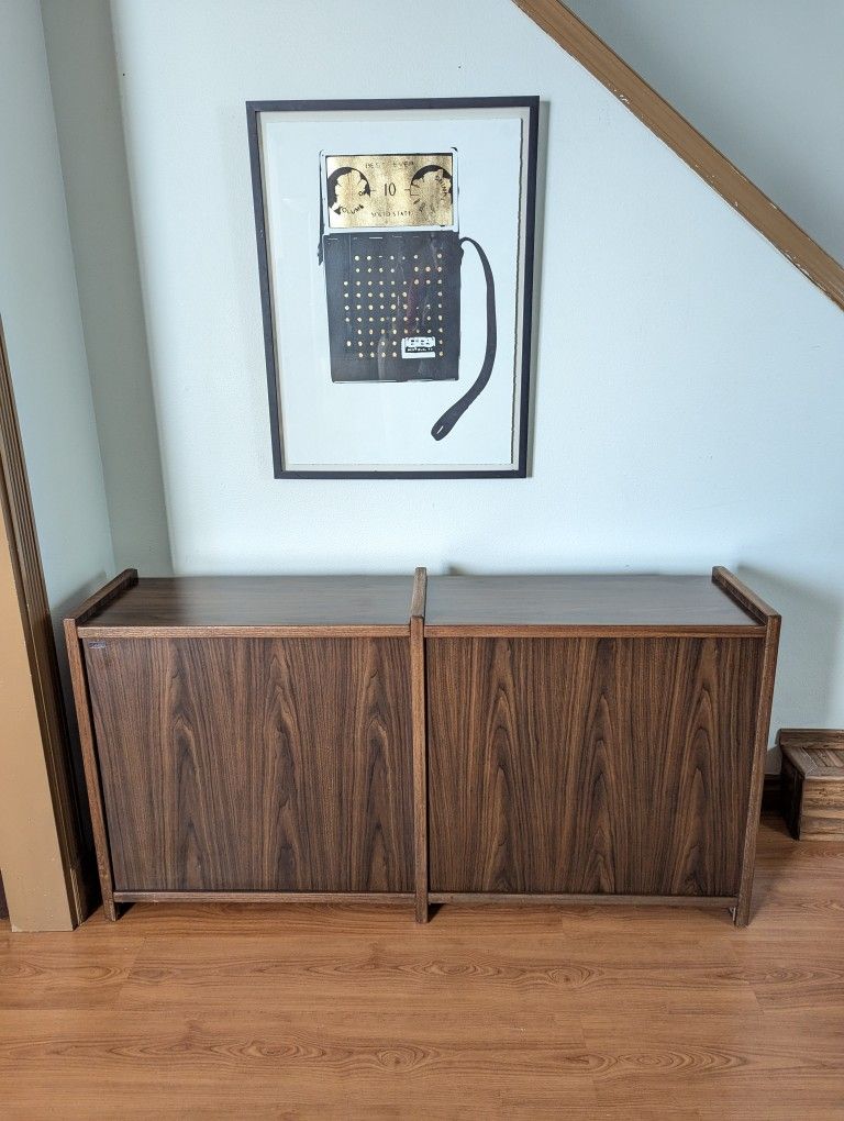 Mid Century Modern Walnut Double Bookshelf / Record Player Stand & Storage