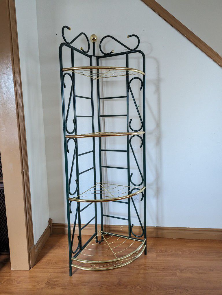 Postmodern Vintage Green & Gold 4 Tiered Corner Plant Shelf Etagere