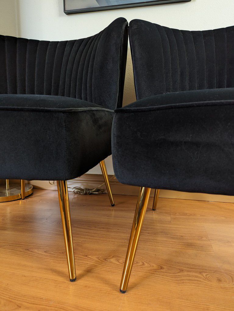 Brand New Pair of Black Velvet Shell Back & Brass Accent Chairs / Art Deco Lounge $100 Each!