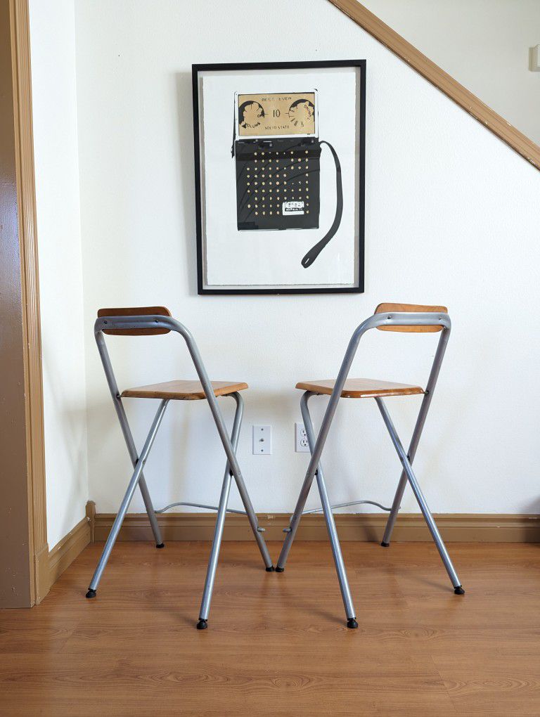 Vintage Pair of IKEA Dennis Folding Metal & Wood Bar Stools