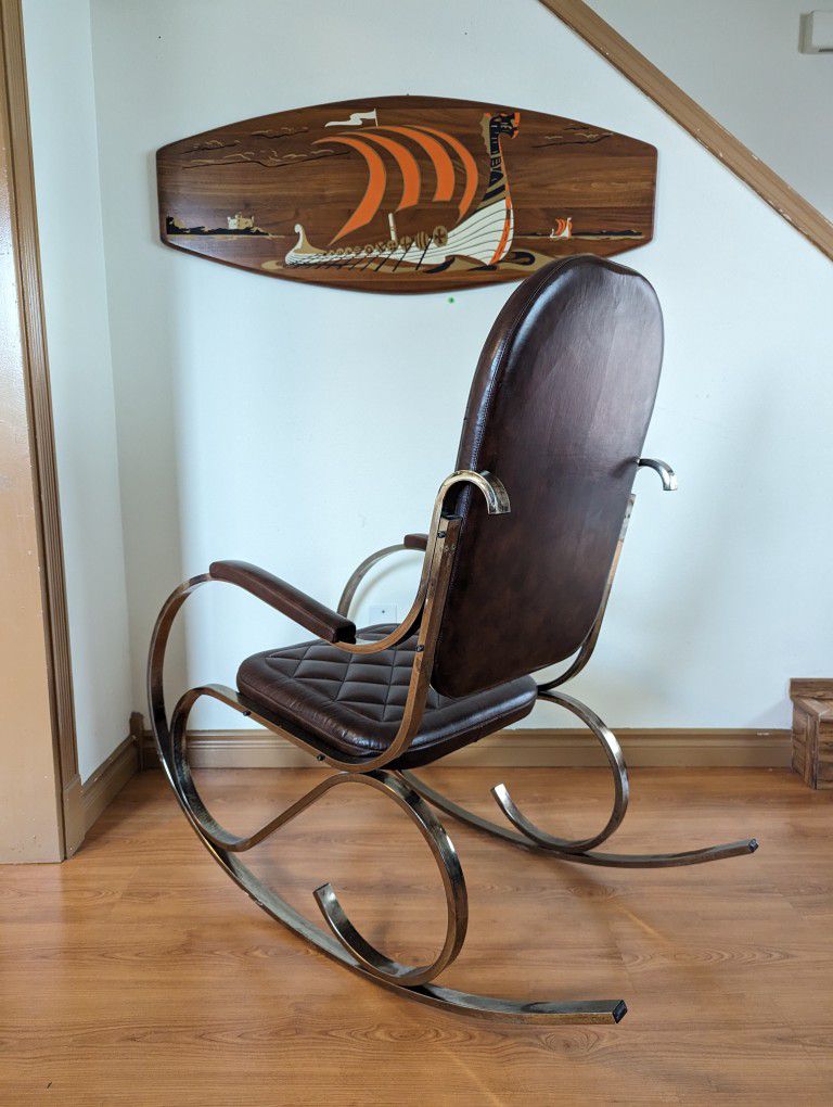 1970's French Chrome & Brown Leather Rocker by Maison Jansen