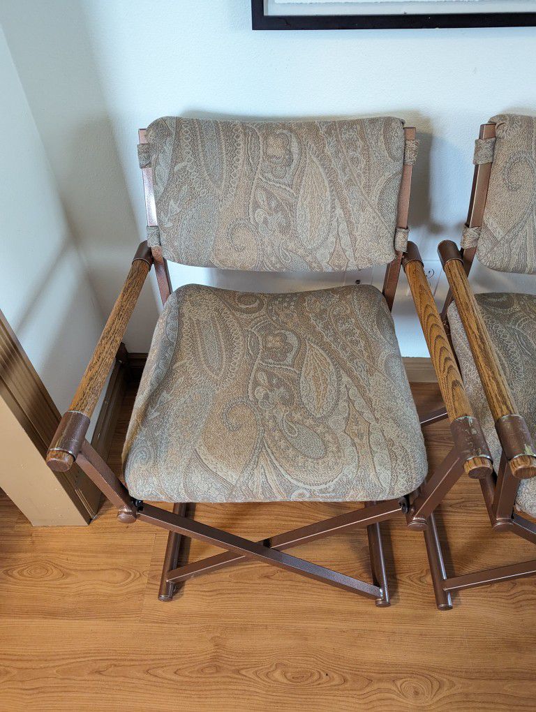 Postmodern Pair of Paisley, Copper & Oak X Framed Directors Chairs