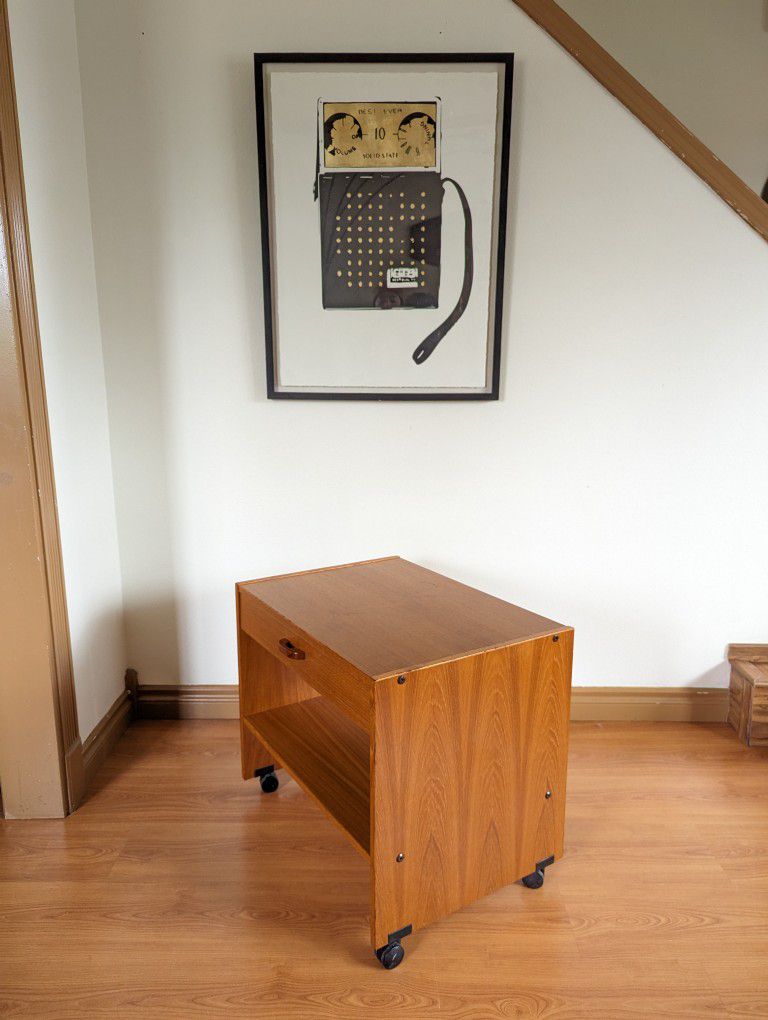 Mid Century Danish Modern Teak Rolling Media Cart / Record Player Stand / Nightstand