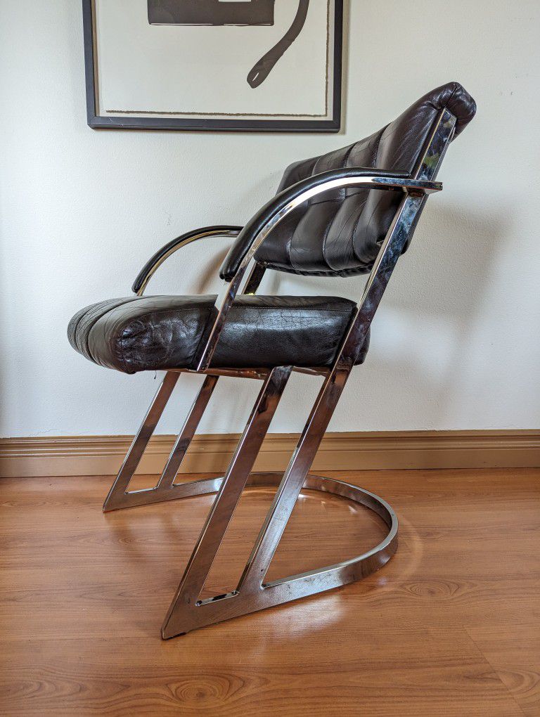 Vintage Postmodern Chrome & Black Leather Pair of Cantilever Z Chairs