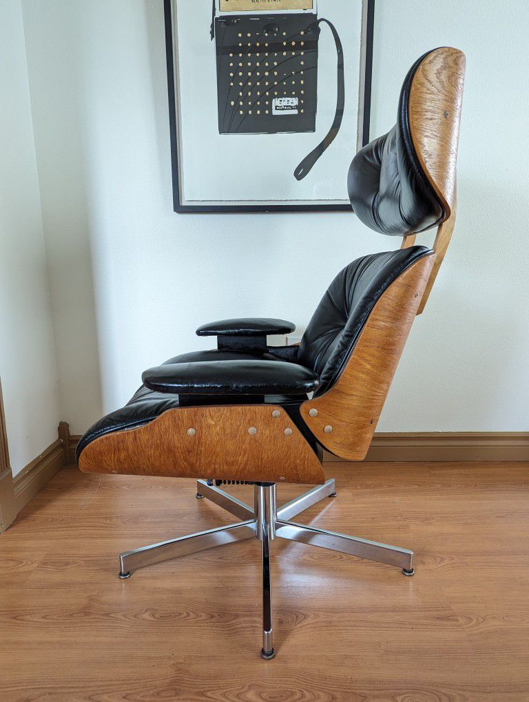 MCM Vintage Eames Black Leather Replica Lounge Chair & Ottoman