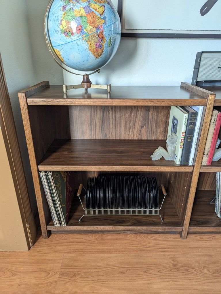 Mid Century Modern Walnut Double Bookshelf / Record Player Stand & Storage