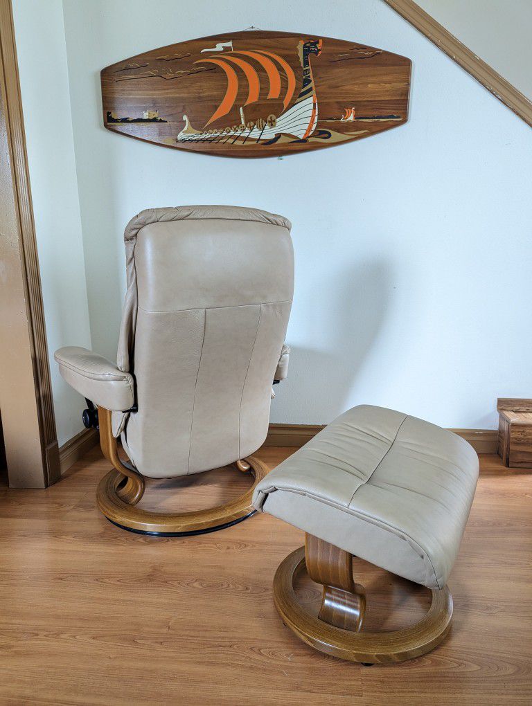 Ekornes Stressless Sand Paloma Leather & Teak Recliner & Ottoman