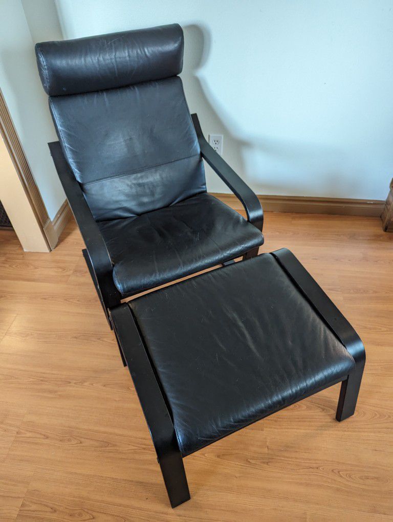 IKEA Poang Black On Black Leather & Bentwood Lounge Chair & Ottoman