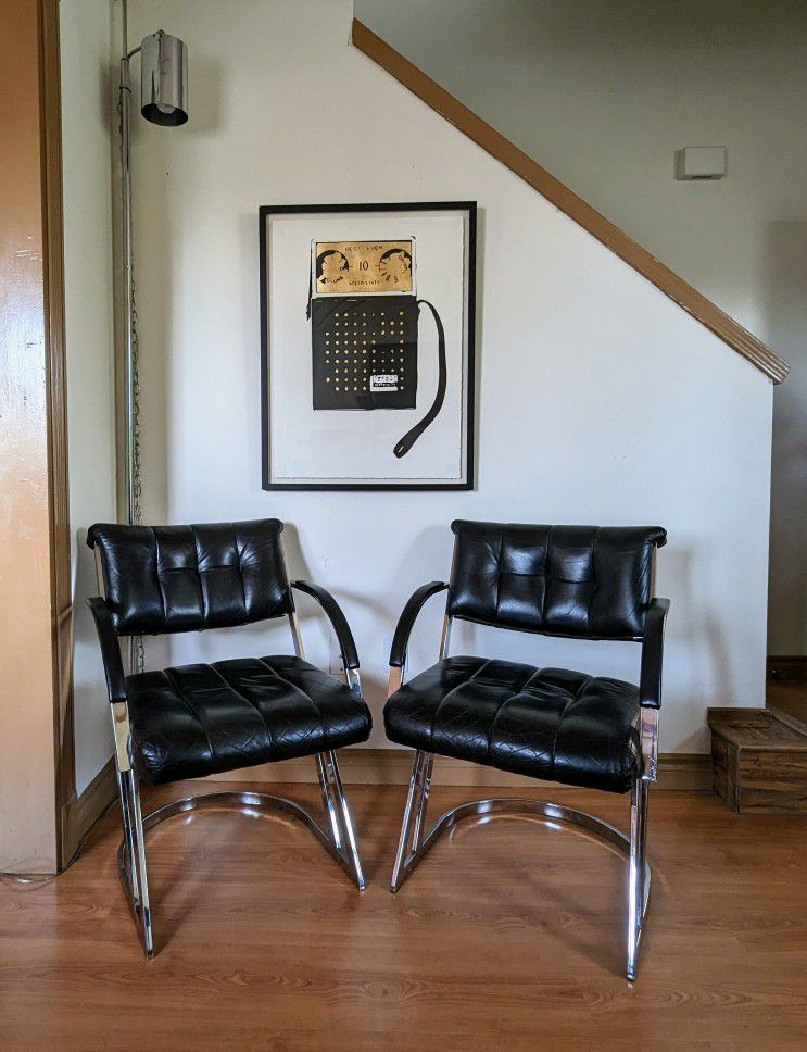 Vintage Postmodern Chrome & Black Leather Pair of Cantilever Z Chairs