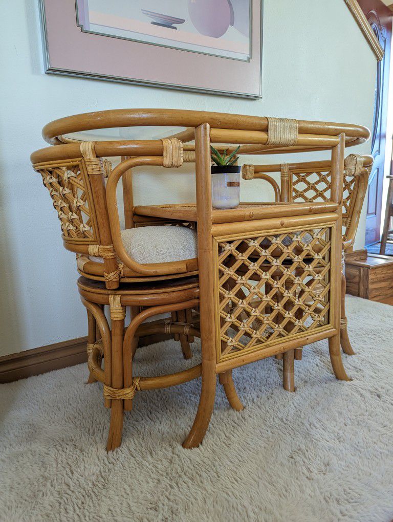 Bamboo & Rattan Boho Honeymoon Breakfast / Dining Table & Swiveling Chair Set