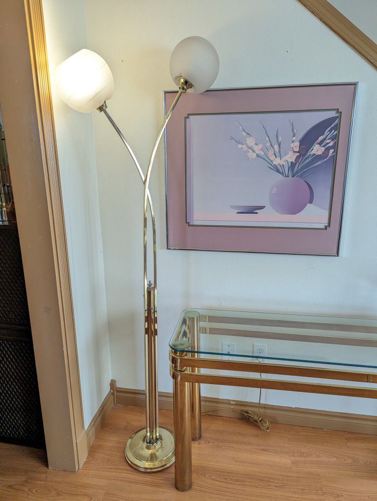 Mid Century Brass & Frosted Glass Lotus Blossom 3 Way Floor Lamp