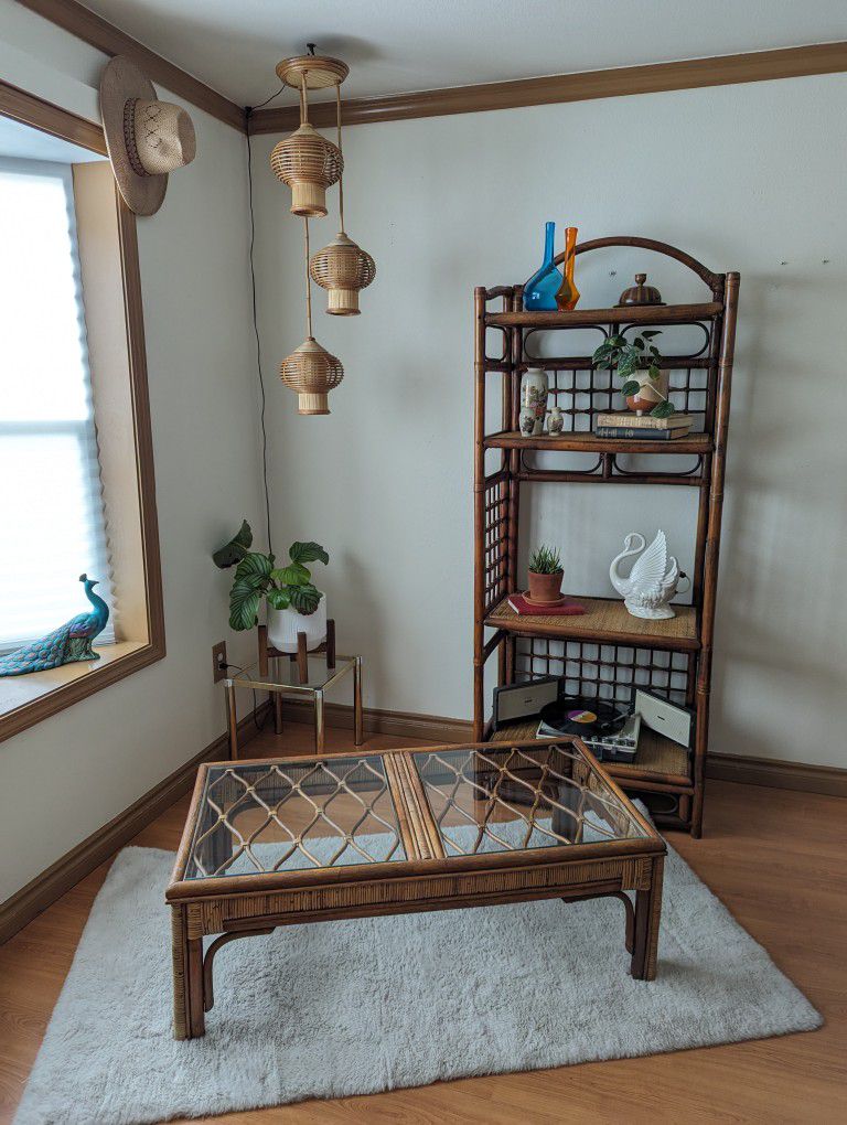 70's Mid Century Boho Bamboo & Rattan Glass Top Coffee Table