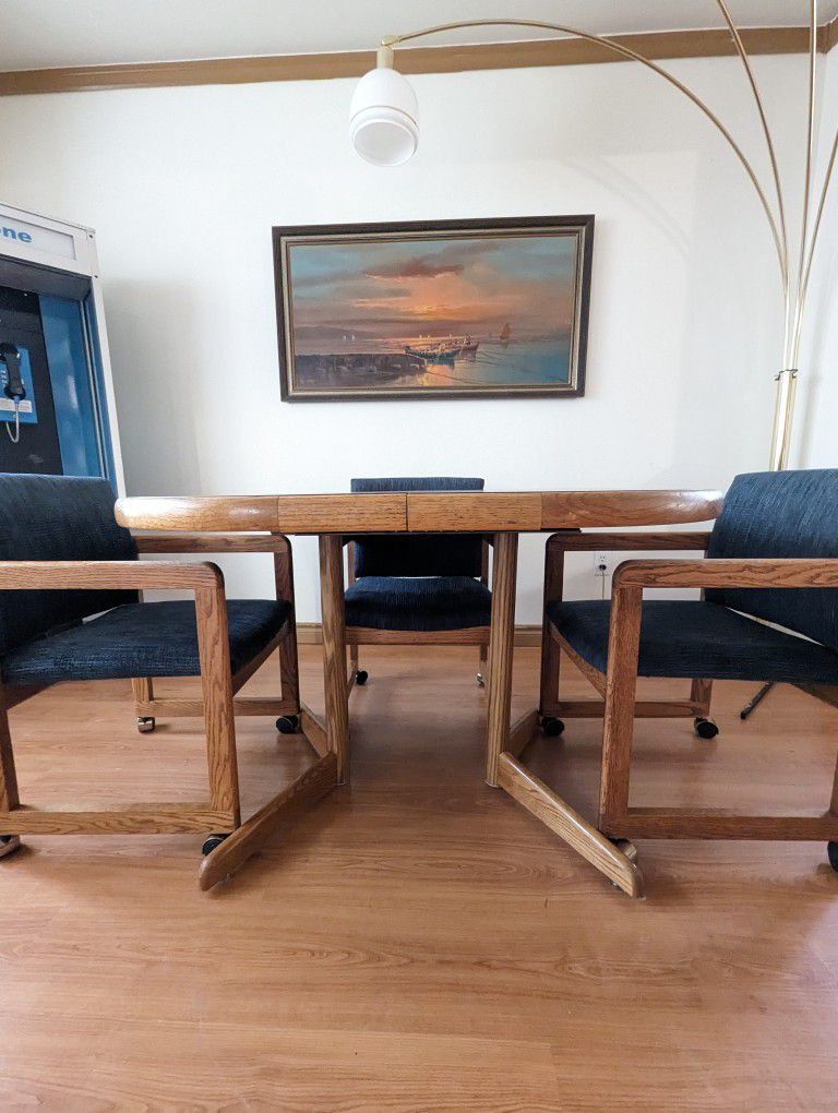 Vintage Mid Century Modern Blue Velvet Dining Table Set w/ 4 Chairs