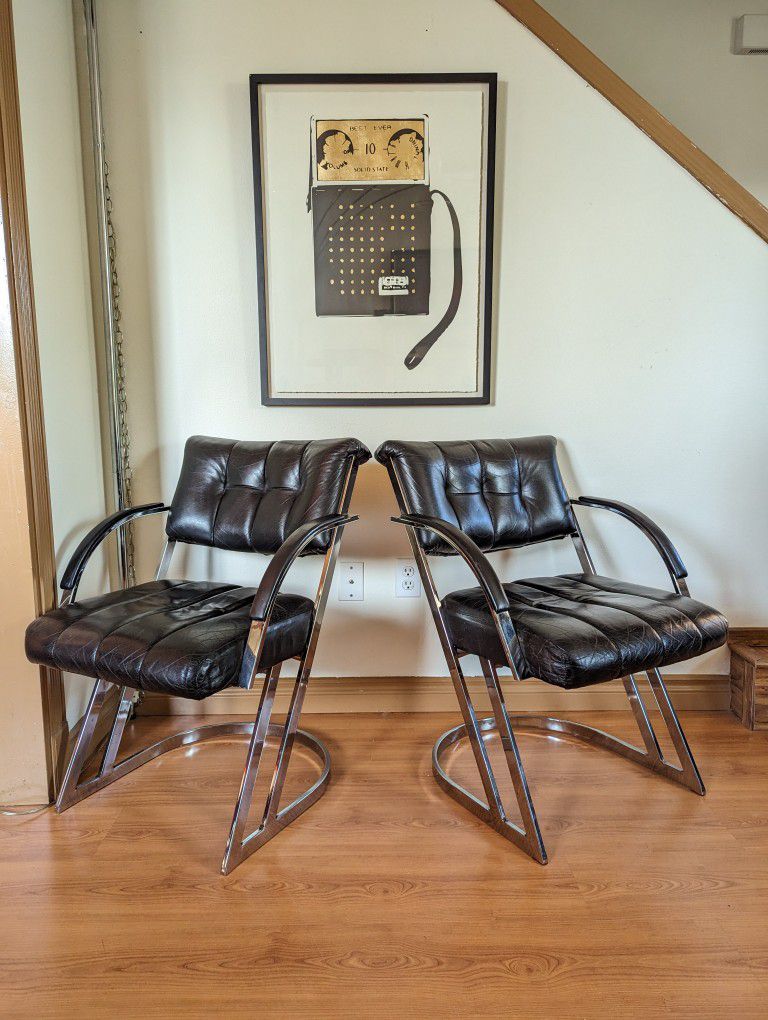 Vintage Postmodern Chrome & Black Leather Pair of Cantilever Z Chairs