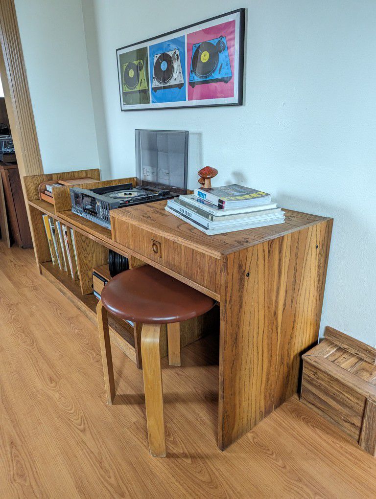 Modular Oak Record Player Stand & Storage Cabinet w/ Bookshelf