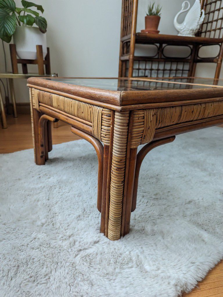 70's Mid Century Boho Bamboo & Rattan Glass Top Coffee Table