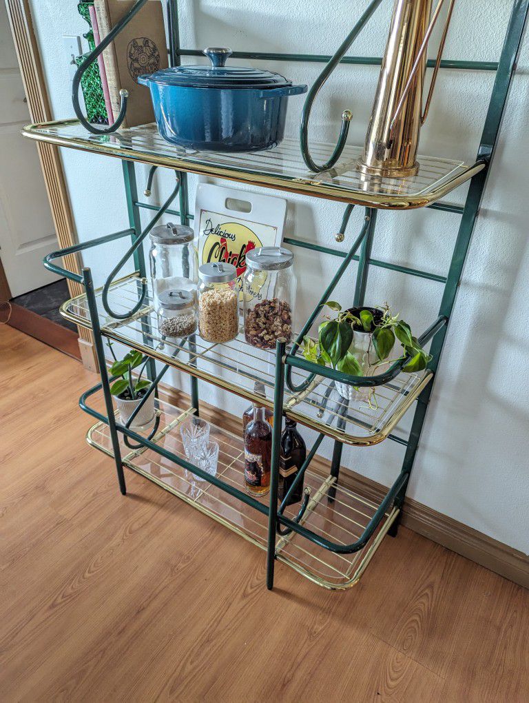 Vintage Postmodern Brass 4 Tiered Bakers Rack Bookshelf Display Etagere