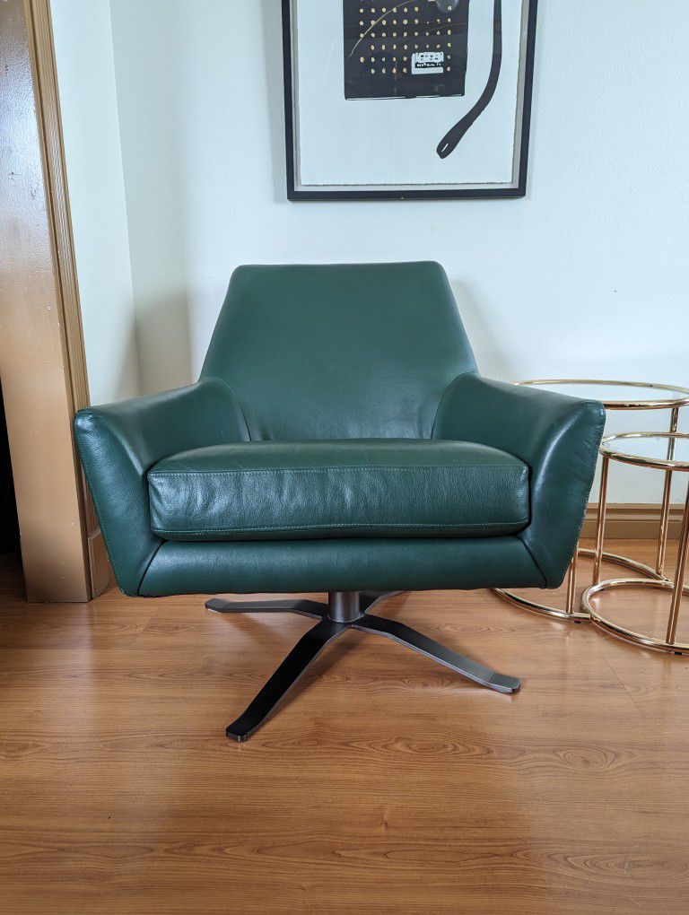 MCM Green Leather Lucas Model Swivel Lounge Chair by West Elm