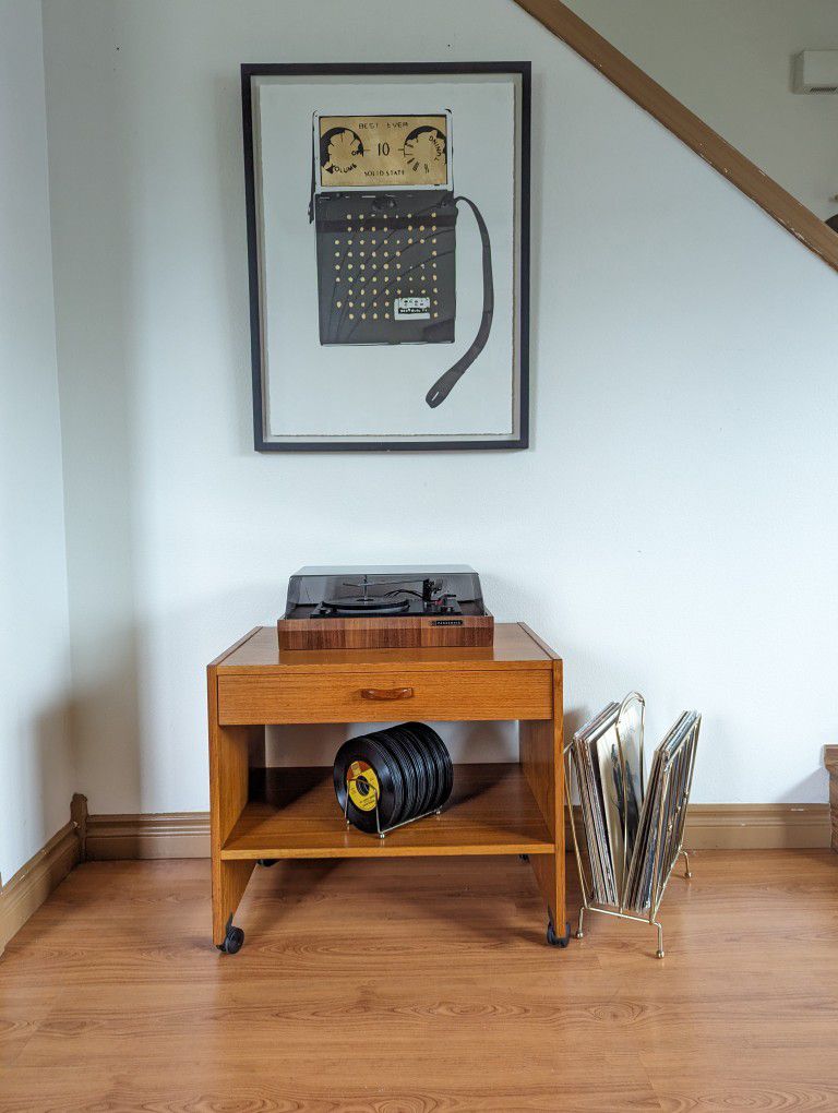 Mid Century Danish Modern Teak Rolling Media Cart / Record Player Stand / Nightstand