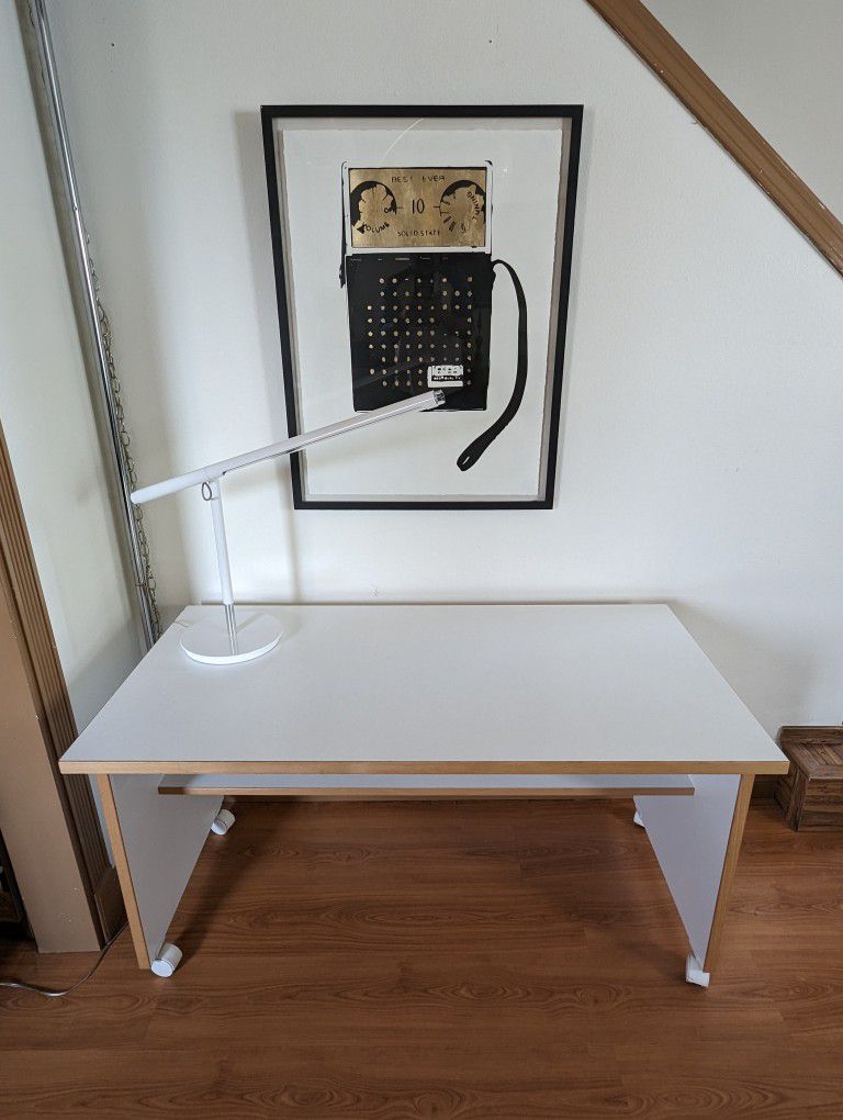 Vintage White Laminate Scandinavian Computer Desk w Wood Trim Casters