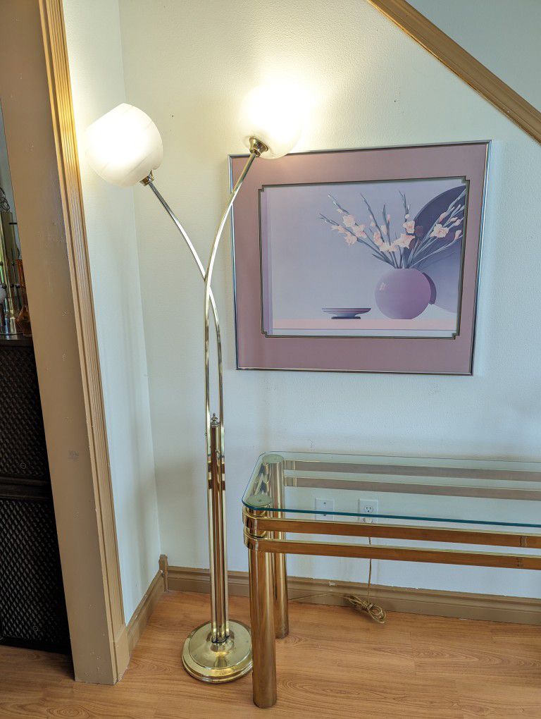 Mid Century Brass & Frosted Glass Lotus Blossom 3 Way Floor Lamp