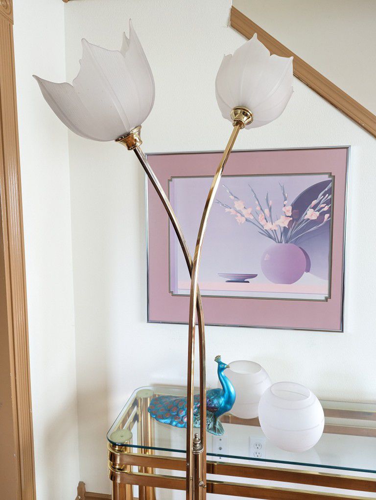 Mid Century Brass & Frosted Glass Lotus Blossom 3 Way Floor Lamp