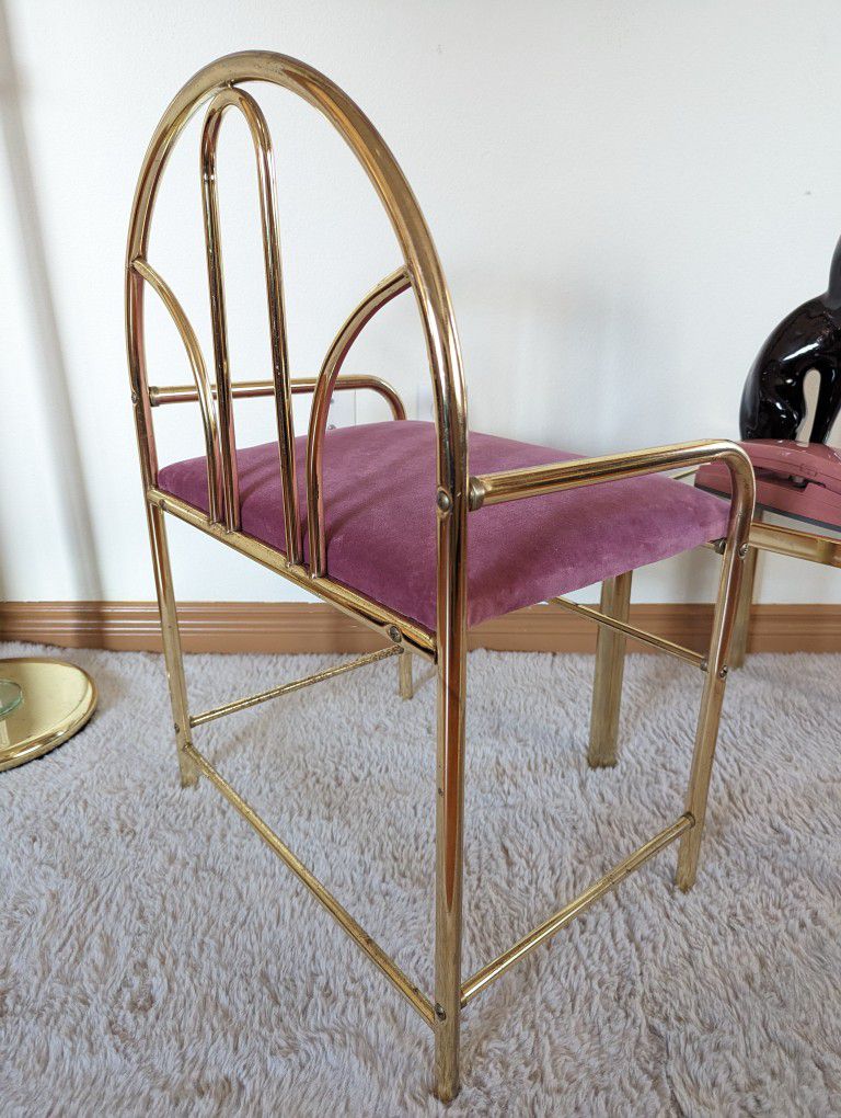 Art Deco Revival Brass Fan Back Vanity Chair w/ Dusty Rose Velvet Fabric