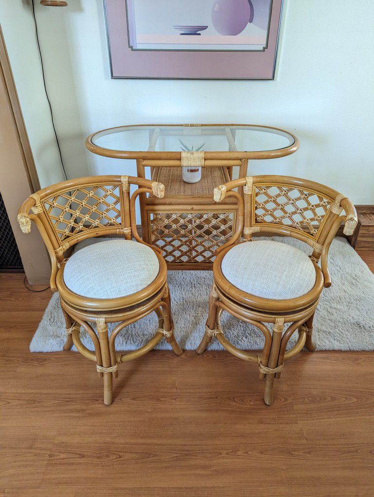 Bamboo & Rattan Boho Honeymoon Breakfast / Dining Table & Swiveling Chair Set