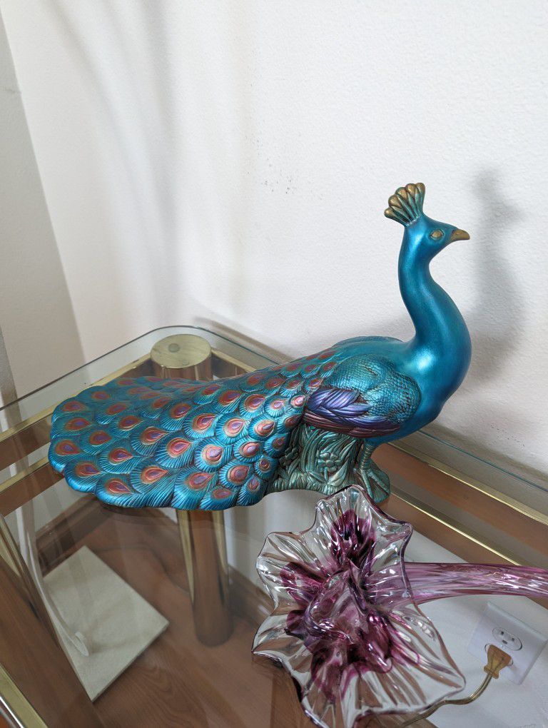 Mid Century Vintage Ceramic Teal / Turquoise Peacock Art Statue