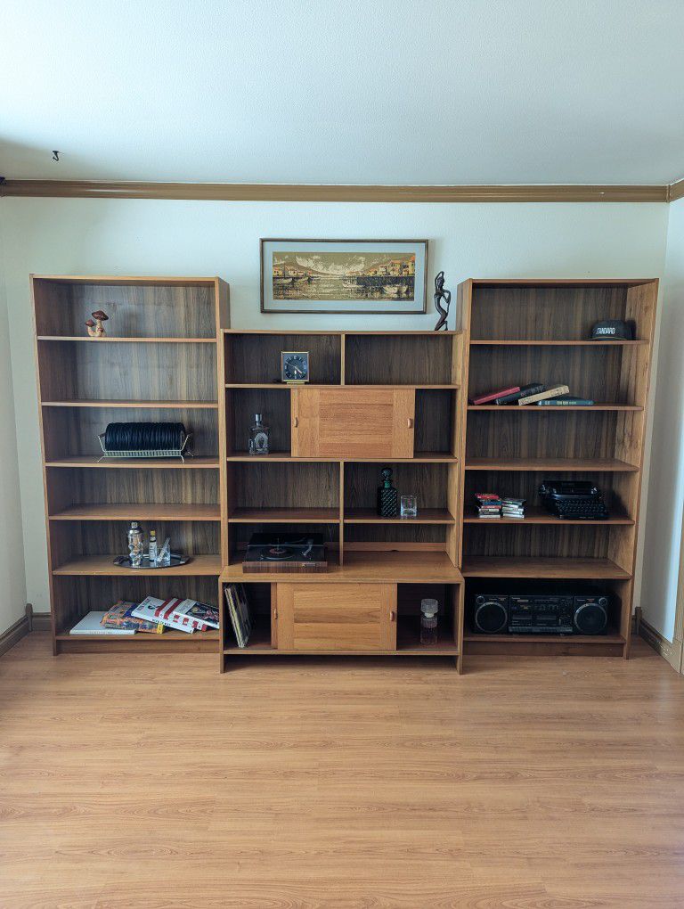 MCM Danish Modern Teak Wall Unit Domino Mobler Record Cabinet & Bookshelves