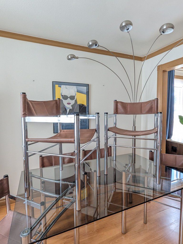 MCM Chrome Dining Table w/ Smoked Glass & 6 Sling Chair Set by John David Inc.